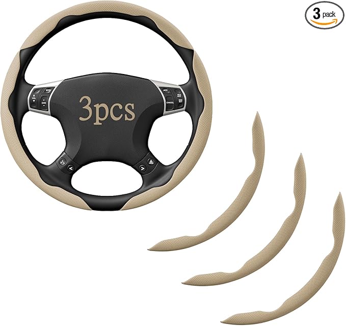 Steering Wheel Covers, 3PCs Leather Anti-Skid Clip on Car Steering Wheel Cover Protector Universal for Most Car Wheel, Beige