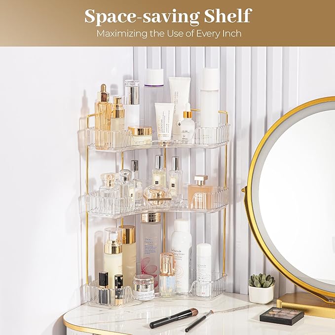 Aveniee Corner Bathroom Counter Organizer, Bathroom Countertop Shelf Makeup Storage, Clear Perfume Tray Holder (3 Tiers, Whit