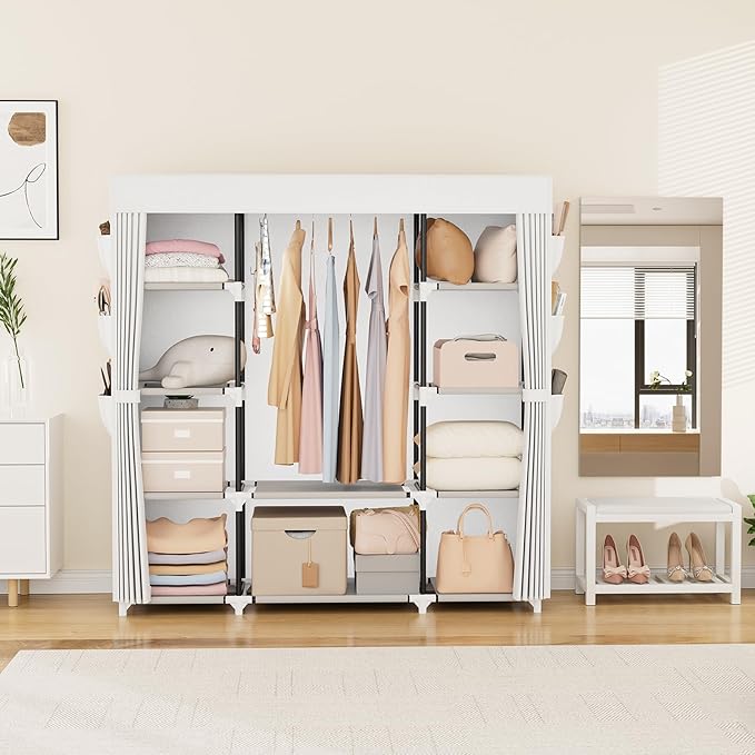 VTRIN Portable Closet Wardrobe for Hanging Clothes 57.3 Inch Large Capacity Clothes Rack with Cover, 10 Storage Organizer She