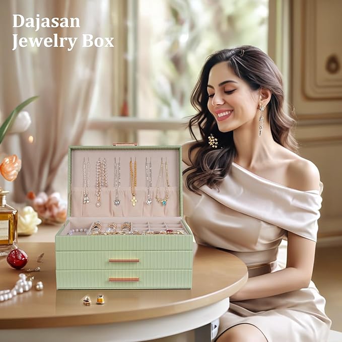 Dajasan Jewelry Box Organizer, 3-Tier Jewelry Storage with 2 Drawers, Large Jewelry Boxes for Women, PU Leather Surface with 