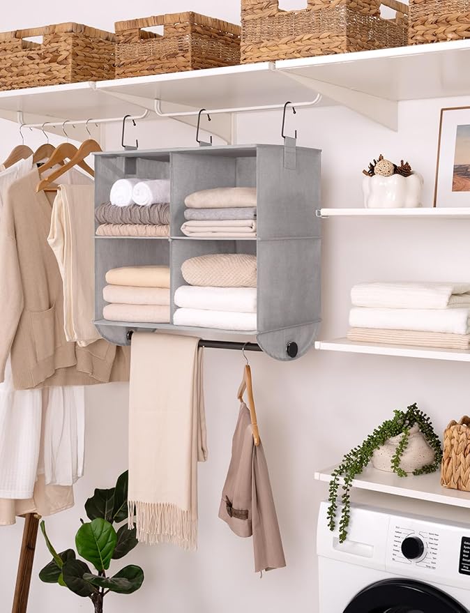 StorageWorks Hanging Closet Organizer with Metal Rod, 4-Section Closet Organizers and Storage, Collapsible Hanging Shelves fo