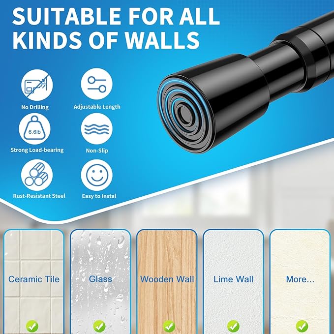 AIZESI Tension Curtain Rod for Windows 26.5 to 36 inch, Adjustable Expandable Pressure Spring Curtain Rod No Drilling, Black 