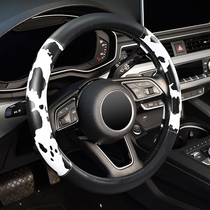 ZHOL 16 inch Steering Wheel Cover Cow Print, Breathable Microfiber Leather Compatible Large-Size for F150 F250 F350 Ram 4Runn