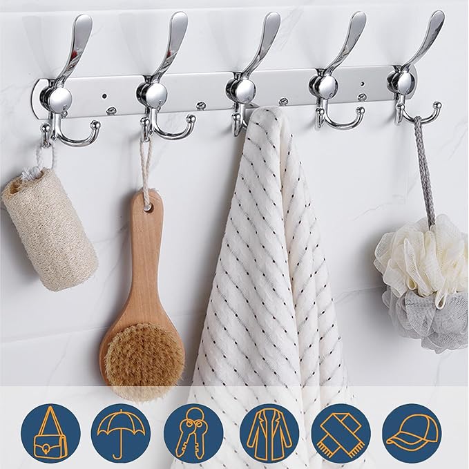 2-Pack Coat Rack Wall Mounted – Space-Saving Wall Clothes Rack, 5 Tri Hooks, Stainless Steel Entryway Organizer for Coats, Ha