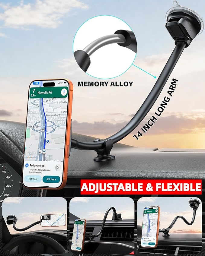 1Zero for Magsafe Car Phone Mount 14-Inch Gooseneck Long Arm Extension, Universal Windshield Dashboard Industrial-Strength Suction Cup Car Phone Holder with Strong Magnets (2026 Upgraded for Magsafe)