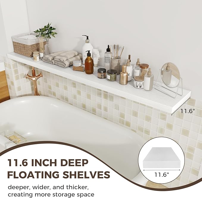 Fun Memories White Deep Floating Shelves, 72 x 12 Inch Long Wall Shelves, Large Display Shelf & Storage Shelf, Wood Floating 