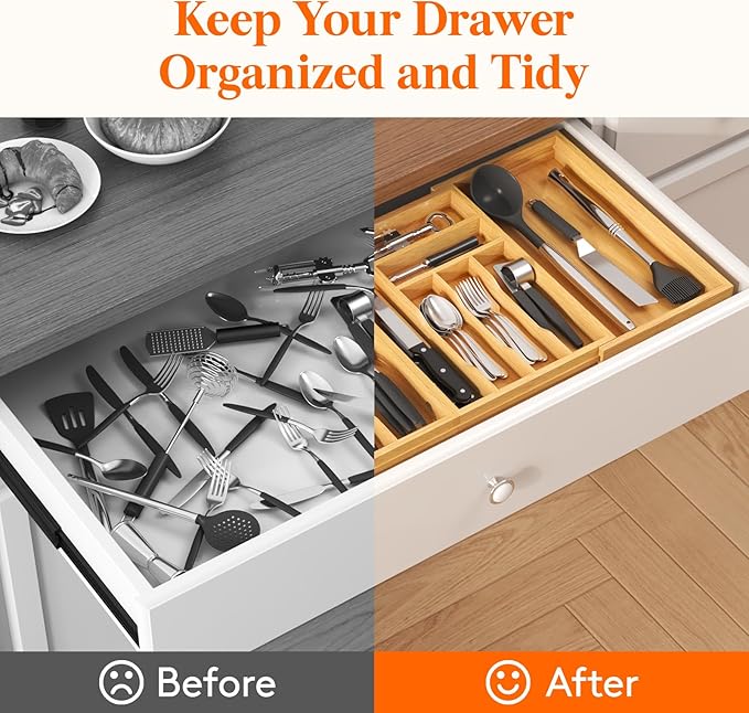 Lifewit Silverware and Cooking Utensil Drawer Organizer Set – Expandable Adjustable Bamboo Storage for Cutlery, Flatware, Spo
