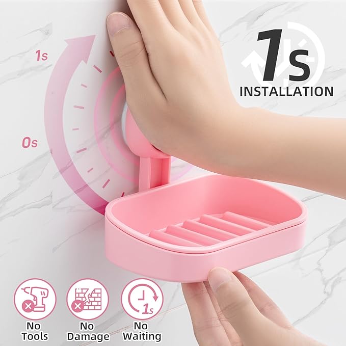 LEVERLOC Soap Dish Holder for Shower Suction Cup Wall Mounted Self Draining NO-Drilling Removable Bar Soap Sponge Holder for 