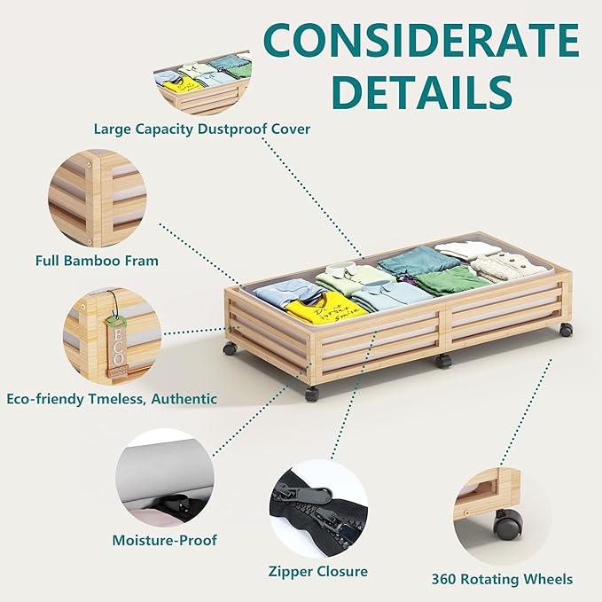 Wisuce Bamboo Under Bed Storage Containers- Underbed Organizer with Wheels with Large Dust Bag,Sturdy Wood Rolling Under the 