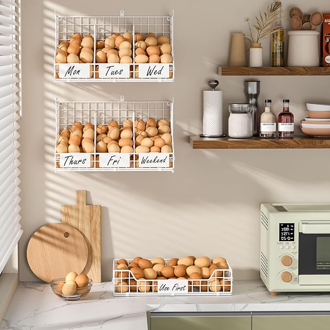 X-cosrack Egg Holder Countertop, 3 Tier Egg Rack with Labels Dividers to Separate Eggs, Stackable Wire Baskets for Fresh Egg,