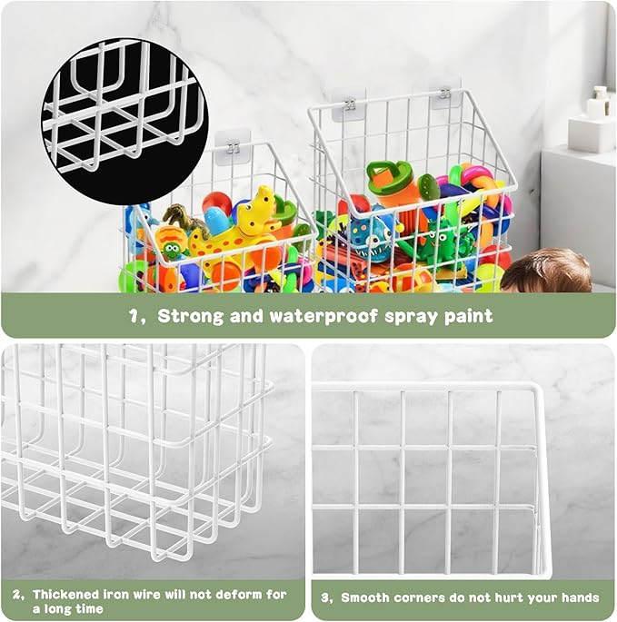 2 Pack Bath Toy Storage Organizer Basket, Large Metal Bathtub Toy Holder, Wall Mounted Hanging Shower Basket, Bath Toy Organi