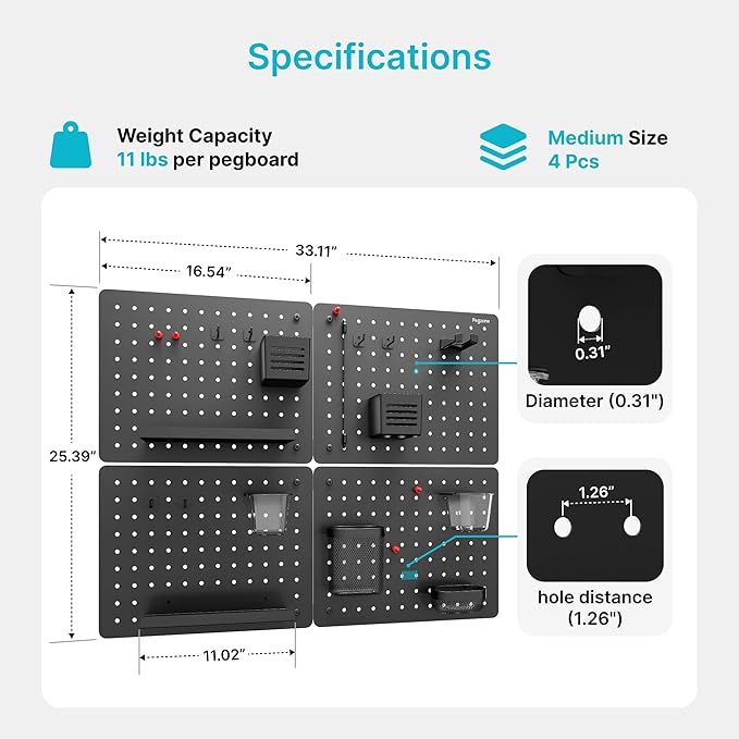 PEGZONE Pegboard Wall Organizer Combination Kit,Overall 33.1"x25.4" Metal Office Pegboard with 21 Accessories, Wall Mounted P