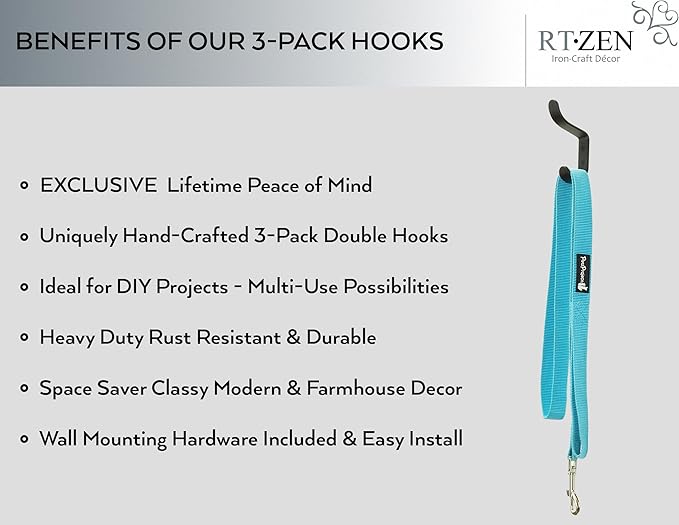 RTZEN Wall Mount Hook Set - Wrought Iron Decorative Rustic Metal Coat Hooks for Hanging - Handcrafted Classic Farmhouse Wall 