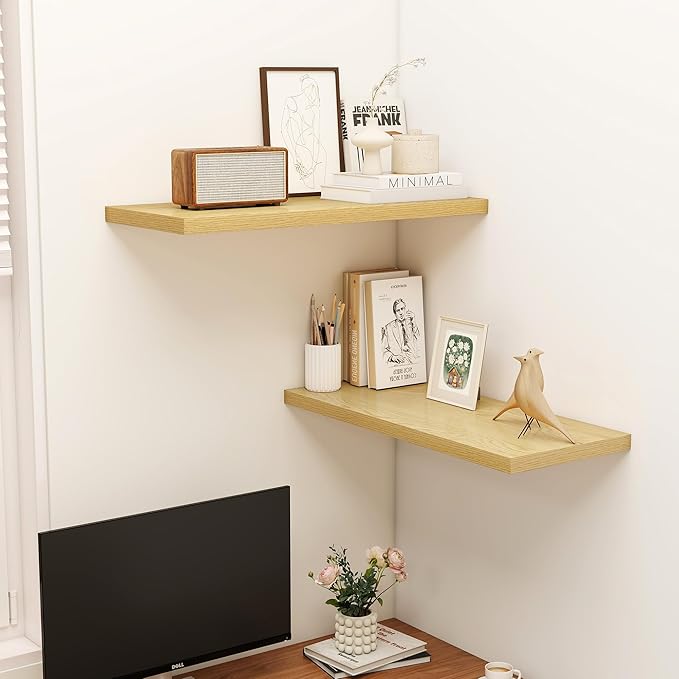 Dreamland 32" Floating Shelves for Wall, 12" Deep Slim Oak Floating Shelves, Wall-Mounted Shelves for Bedroom, Living Room, K