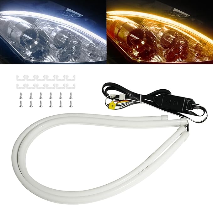 Qasim Sequential LED Strip, 12inch Car LED Flexible Strip Lights Turn Signal Switchback White/Amber Daytime Running Light for Headlights Retrofit-1Pair