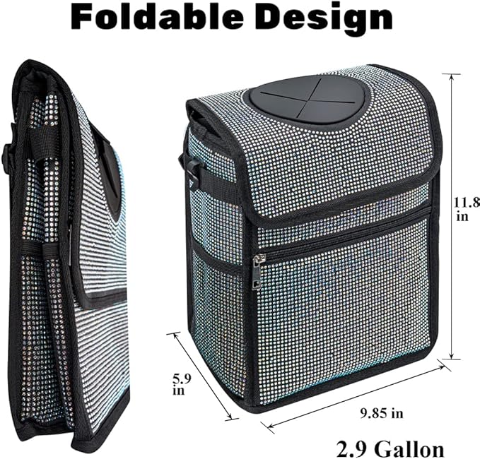 Ovege Car Trash Can Bling Accessories Interior Garbage Can with Lid Waterproof for Cars SUV (Large, 3 gallons)