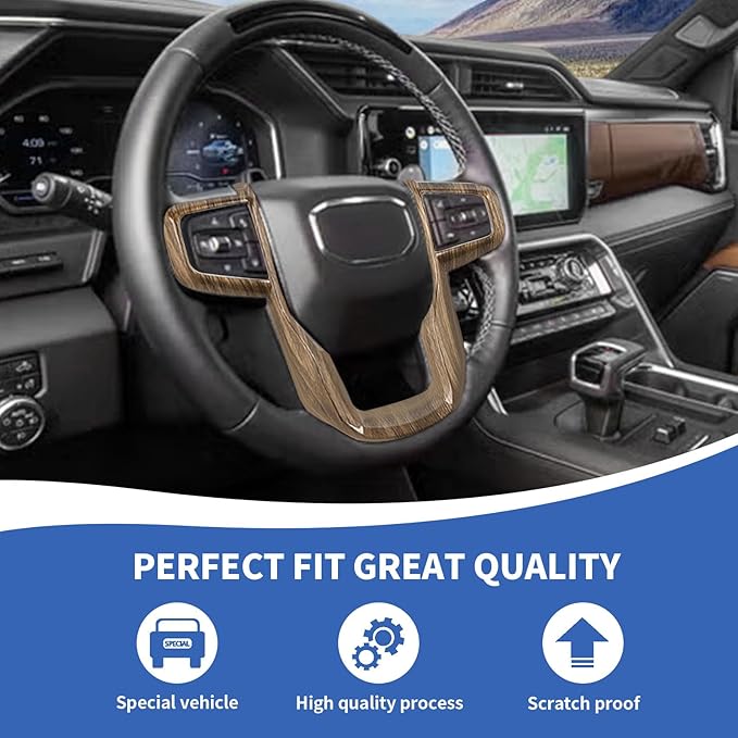 Steering Wheel Trim Cover Compatible with GMC-Sierra 1500 2019-2025 & GMC-Sierra 2500HD/3500HD 2020-2024, for GMC-Yukon 2021-2024, Wood Grain