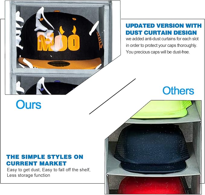 VAESIDA Hat Rack - 10 Shelf Upgraded Version Hat Organizer for Closet with Dust Shield & Side Mesh Storage Pockets - Hat Hold