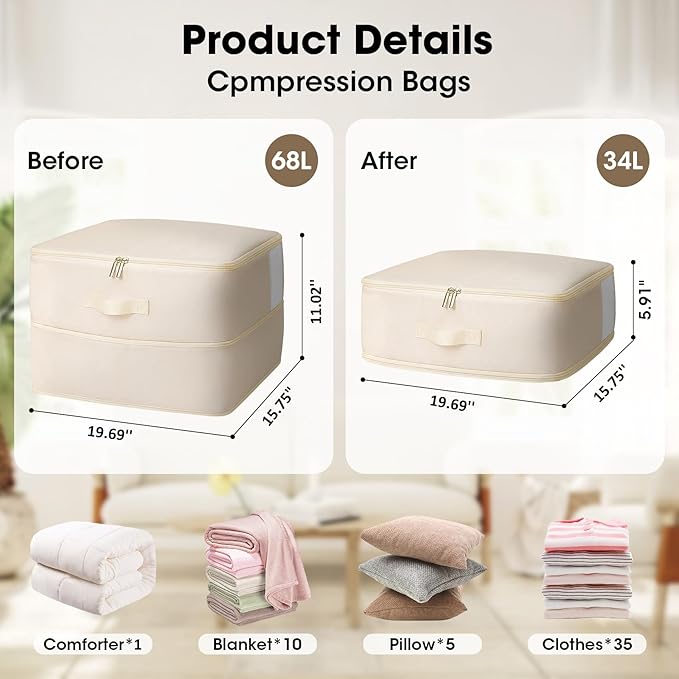 4 Pack Comforter Storage Bag, 68L Blanket Storage Bags Self Compression Comforter Organizer and Storages, Space Saving Washab