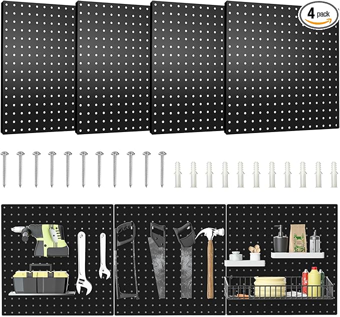 Pegboard, 4 PCS 16”×16” Large Heavy Duty Metal Pegboard Panels with Frame Black Peg Board Display Peg Boards for Walls, Displ