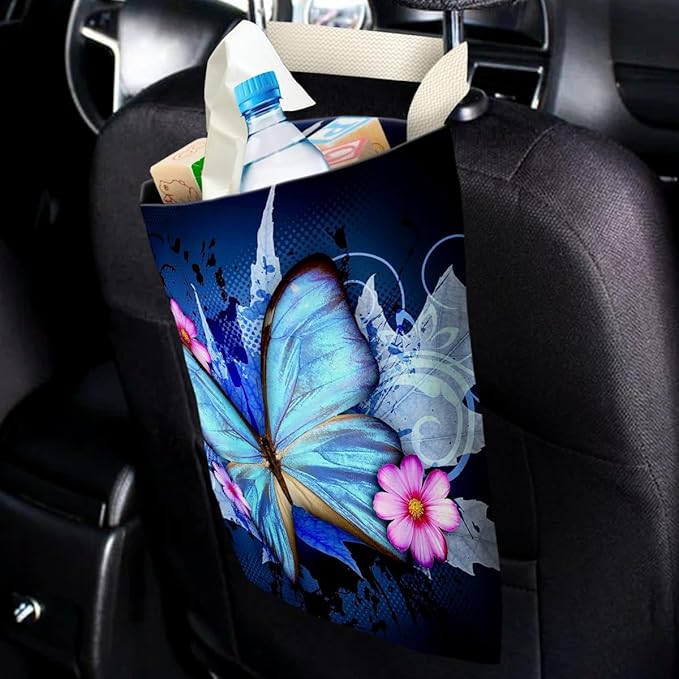 Car Trash Bag Hanging No Snap Small Garbage Bag for Car Back Seat Cute Printed One-handed Strap Trash Bags Car Accessories-Blue Butterfly Car Trash Bags