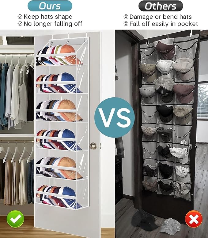 AOODA Clear Over the Door Hat Racks for Baseball Caps, Large Holds up to 72 Caps Hat Storage Organizer for Closet Wall, Deep 