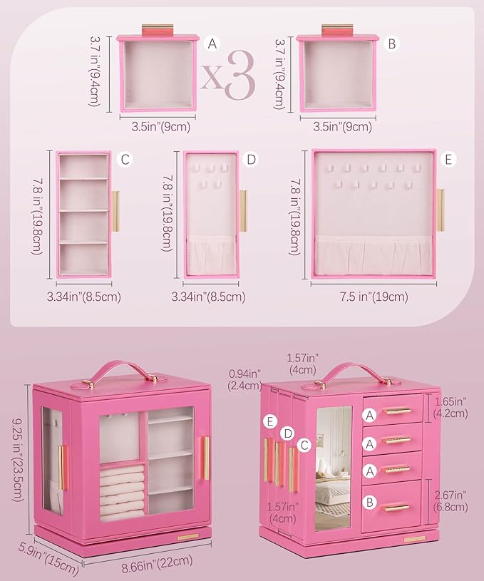 Homde Jewelry Box 360° Rotating, Necklace Earring Organizer with Transparent Window, Mirror, 7 Drawers, Large Ring Display St
