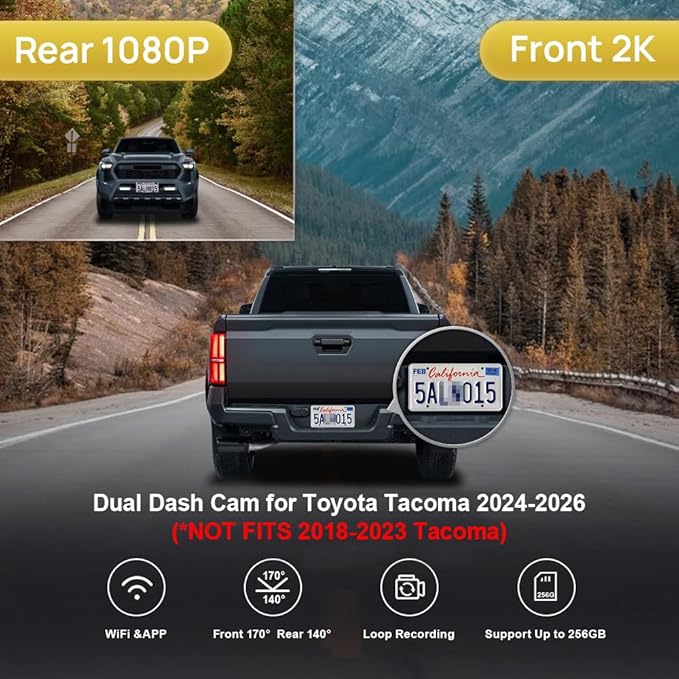 Fitcamx Front 2K+Rear 1080P Dash Cam Adapts for Toyota Tacoma & Hybrid 2024-2026, OEM Look, Dual HD Video, WiFi & APP, Loop R