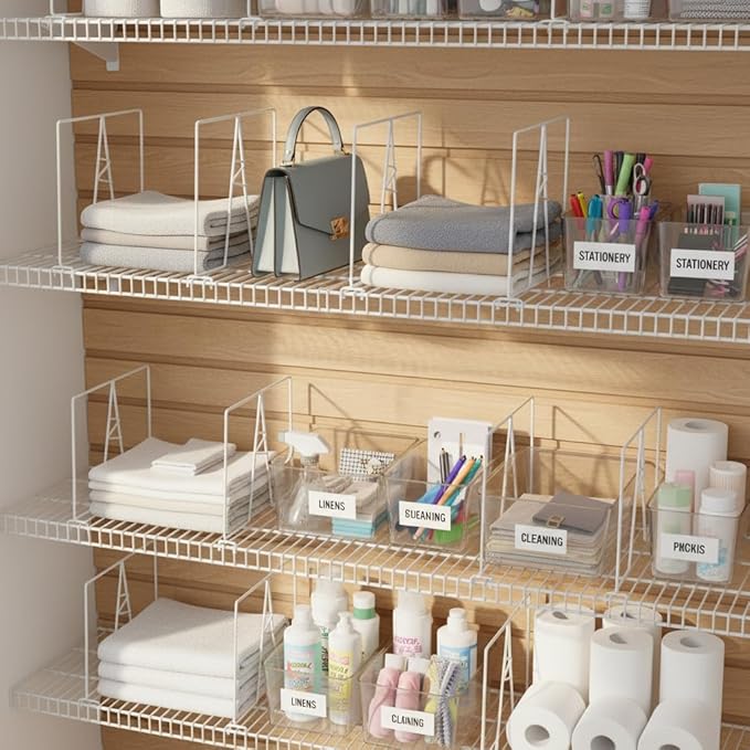 Wire Shelf Dividers - White Closet Organization & Storage Organizer - No Tool Shelf Divider for Wire Shelves - Metal Shelf Ac
