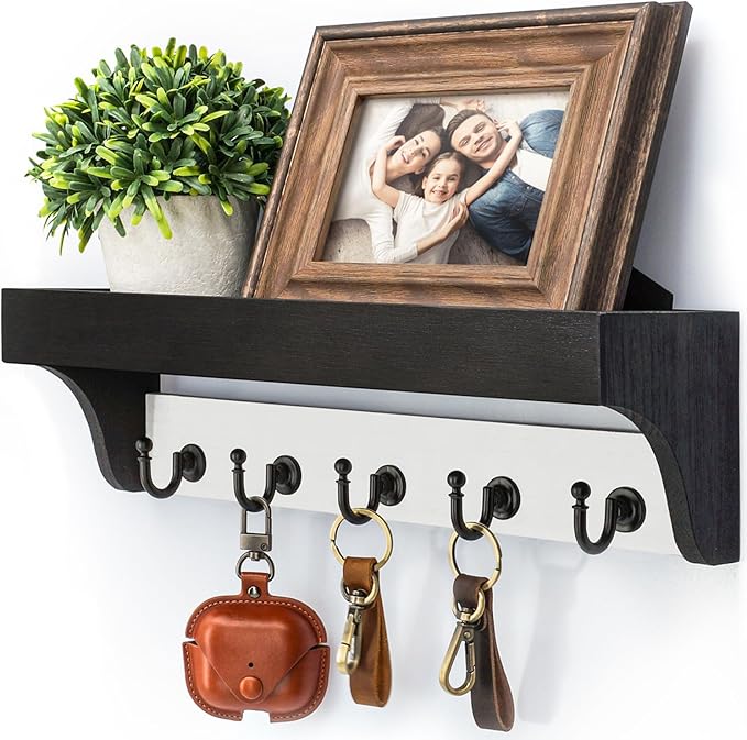 Rebee Vision Key Holder Wall Mount with Shelf - Decorative 2-Color Key Rack with 5 Rustic Key Hooks and Primitive Wood Mail O