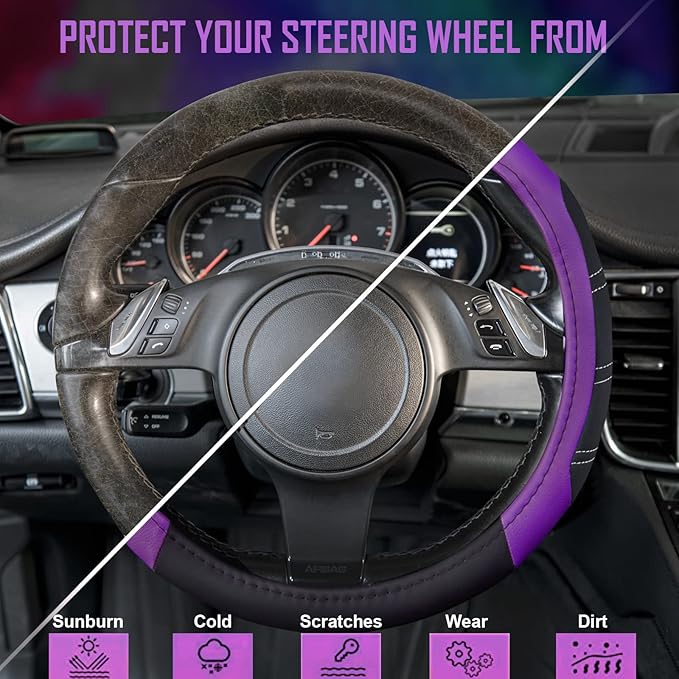 CAR PASS Line Rider Microfiber Leather Sporty 14.5-15 inch Steering Wheel Cover Universal Fits for 95% Truck,SUV,Cars, Anti-S