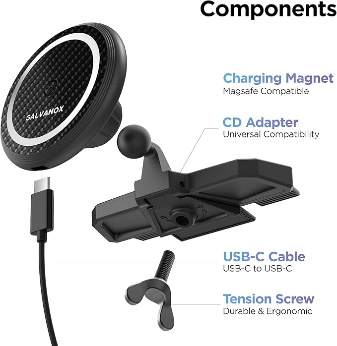 Galvanox Wireless Charging Car CD Slot Phone Holder - Magnetic Mount Charger with Secure CD-Player Attachment - Compatible with MagSafe