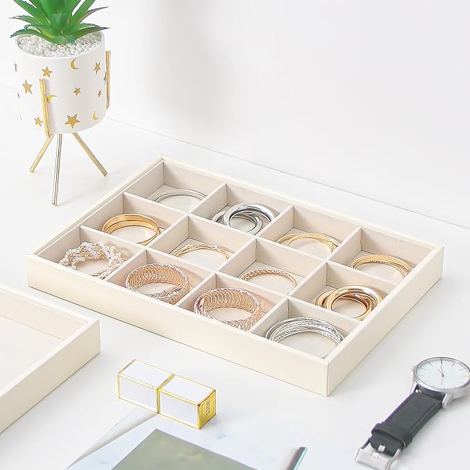 Stackable Jewelry Organizer Tray For Drawers,White Leather Small Earring Storage Tray,Bracelet And Necklace Display Box,Jewel