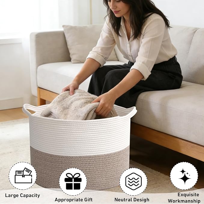 90L Extra Large Blanket Basket,Rope Woven Storage Basket with Handles, Laundry Hamper for Toys, Clothes, Pillows & Towels, Pe