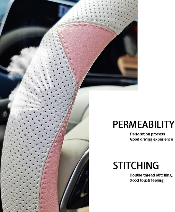 Fashion Cat Ear Leather Steering Wheel Cover Women Girl 15"(38cm) Universal Fit Auto D Shaped Leather Steering Wheel Covers (
