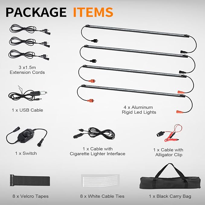 12V LED Interior Light Bar Kit Dimmable IP67 Waterproof Camping String Lights, 2 Bars White & 2 Bars Amber Aluminum Magnetic Mount Exterior Lights for RV, Camping Tent,Car