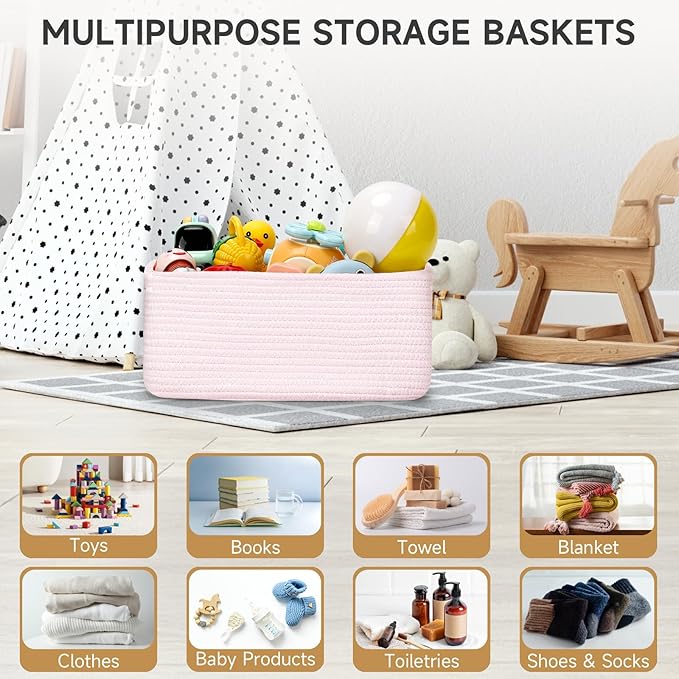 3-Pack Storage Baskets for Organizing | Woven Shelf Toy Basket | Rope Baskets for Gifts Empty | Closet Organizer Bins with Ha
