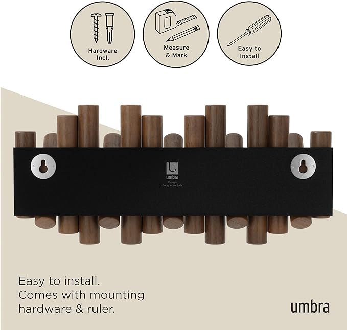 Umbra Picket Wall-Mounted Coat Rack Rail Hook with 5 Retractable Wood Pegs – Modern, Space-Saving Storage Organizer, Walnut