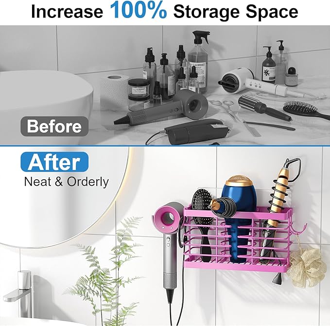 Sevenblue Hair Tool Organizer, 3-in-1 Universal Hair Dryer Holder, Adjustable Height Metal Blow Dryer Holder Wall Mounted/Ove