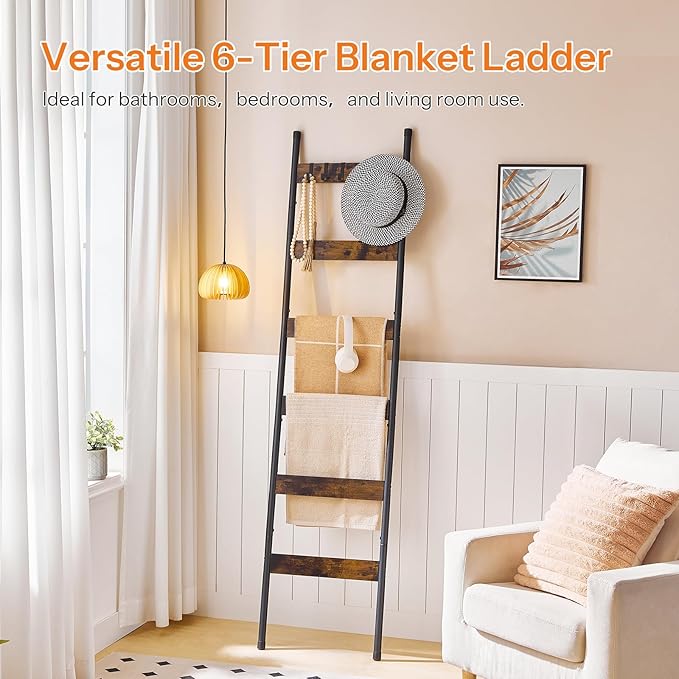 HOOBRO Blanket Ladder, 6-Tier Towel Rack with Hooks, Wall-Leaning Blanket Rack, Decorative Display Ladder Shelf, Scarves, Ind