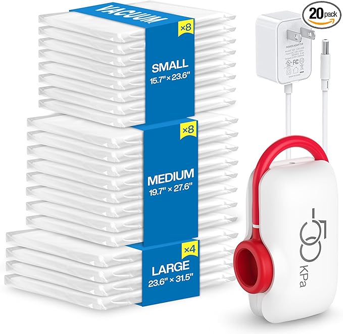 Vacbird 20 Pack Vacuum Storage Bags with Electric Pump - Space-Saving Compression Bags for Travel, Luggage & Suitcase Organiz
