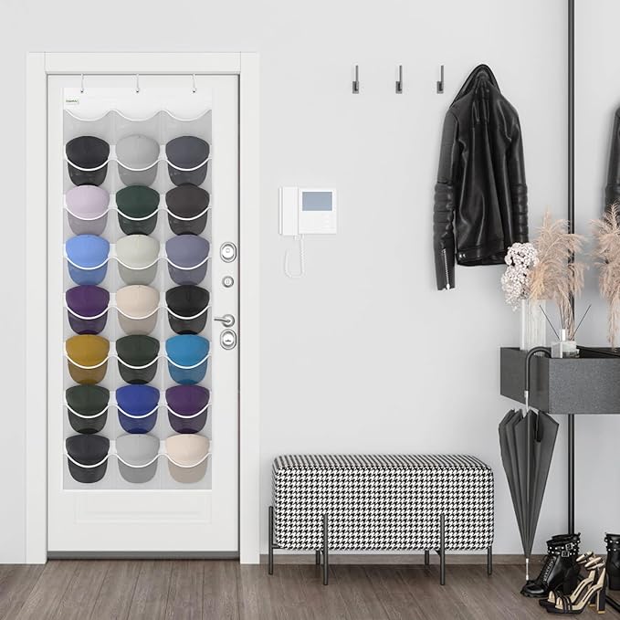 Unjumbly Baseball Hat Rack, 24 Pocket Over-The-Door Hat Organizer with Clear Deep Pockets to Display Baseball Caps Collection