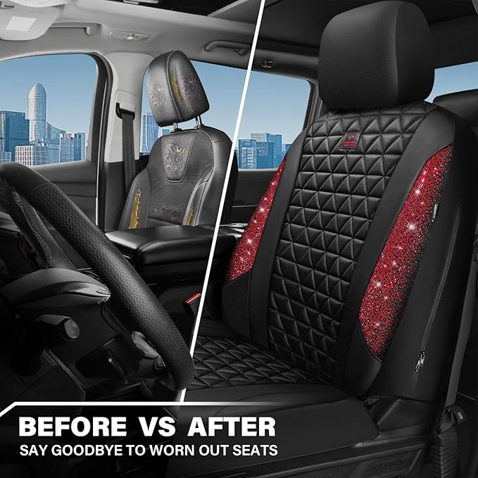 CAR PASS Bling Diamond Black Leather Car Seat Covers for 2 Front Interior Sets, Waterproof Shining Glitter Sparkly Crystal Un