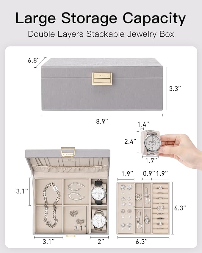 VLANDO 2 Layer Jewelry Box Large Jewelry Organizer for Women Removable Jewelery Tray with Watch Pillow for Necklace Earrings 
