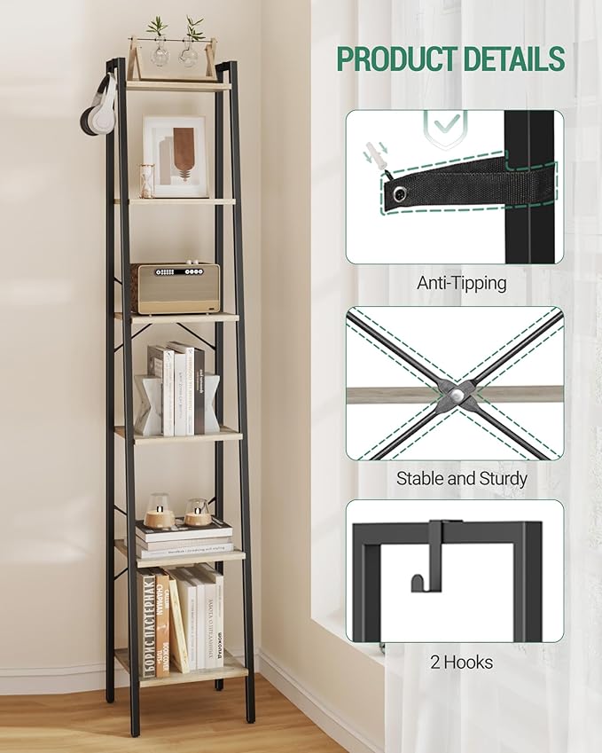 Hzuaneri Ladder Shelf, Bookshelf Bookcase, Freestanding Corner Storage Shelve with 2 Hooks for Home Office, Living Room, Kitc