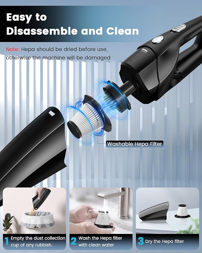 Handheld Vacuum Cordless, Car Vacuums Powerful with Rechargeable Battery, Portable Hand Held Vacuum Cordless with Washable HE