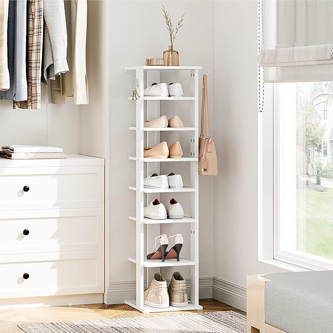 HOOBRO 8 Tiers Vertical Shoe Rack, Wooden Shoe Storage Organizer with Hooks, Narrow Shoe Tower for 8 Pairs, Space Saving, for