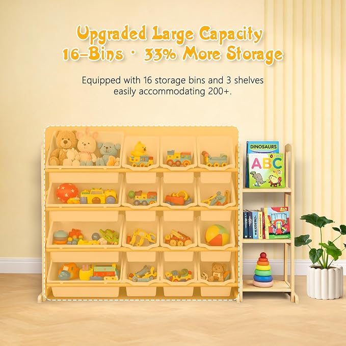 Kids Toy Storage Organizer with Bookshelf – Wooden Shelf with 16 Bins & 3 Shelves, Quick Assembly Storage Rack for Playroom, 