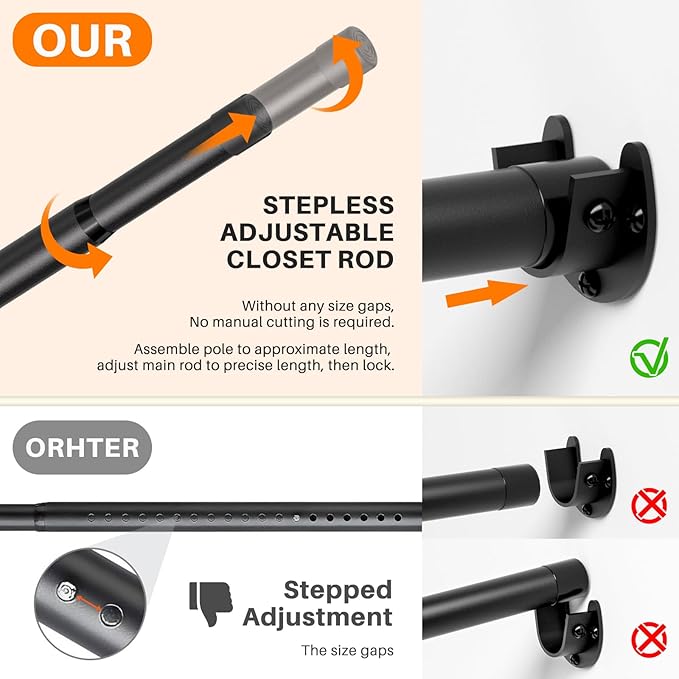 Closet Rod for Hanging Clothes, 17 to 37 Inch Adjustable Closet Hanging Rod, Heavy Duty Clothes Hanging Rod Bar Black Metal C
