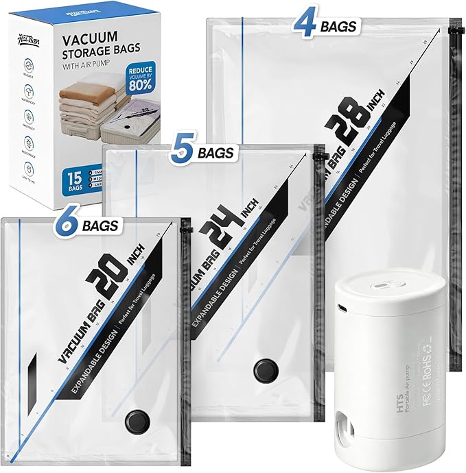 Vacuum Seal Bags for Clothing Travel with Rechargeable Electric Pump, Space Saver Vacuum Storage Bags Travel, Reusable Compre